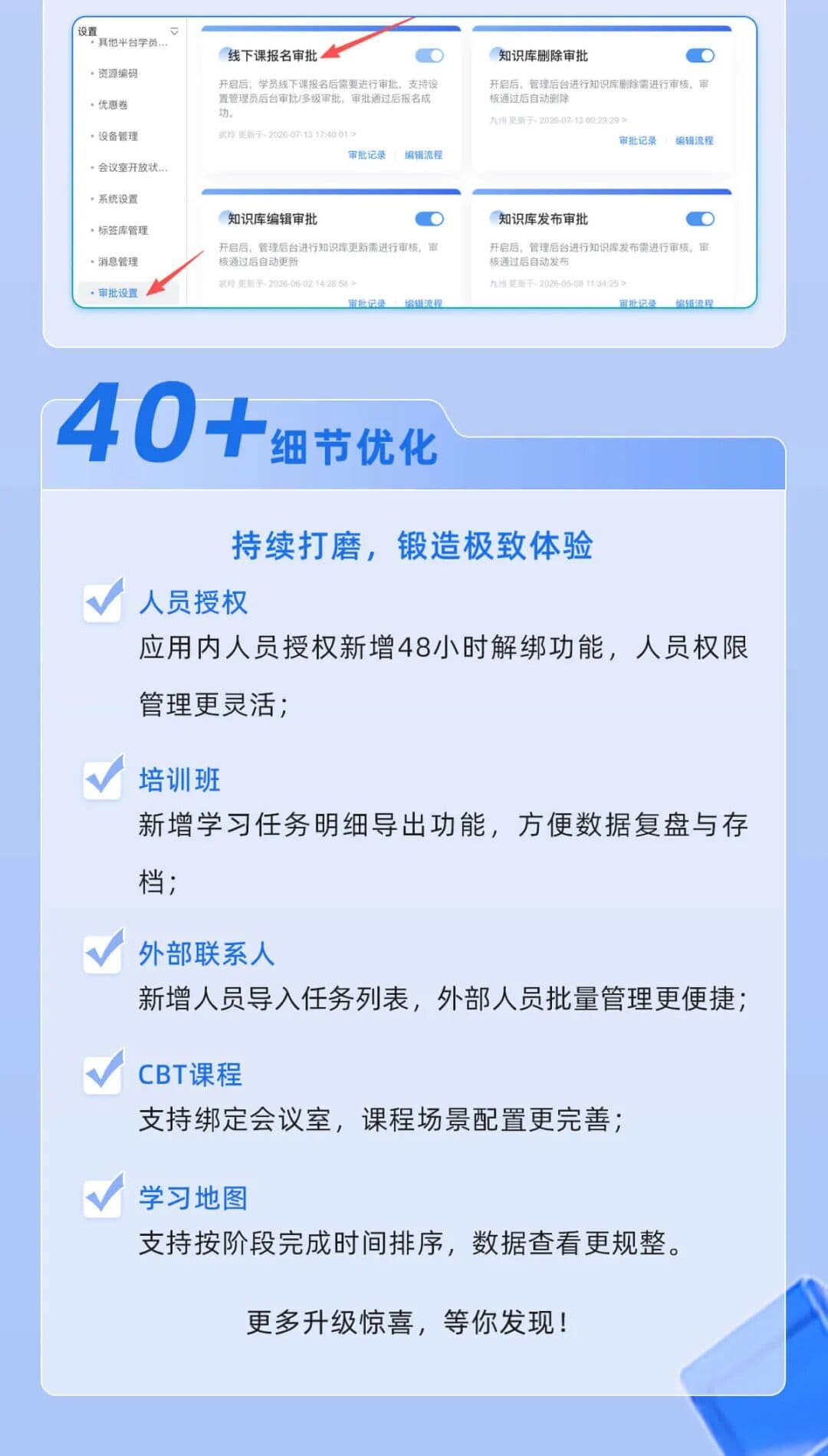 40+ 细节优化:人员授权、培训班、外部联系人、CBT 课程、学习地图